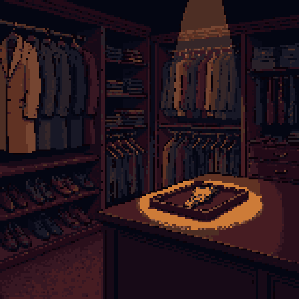 Pixel art: a dark closet of plain coats and shoes, one steel watch under a spotlight