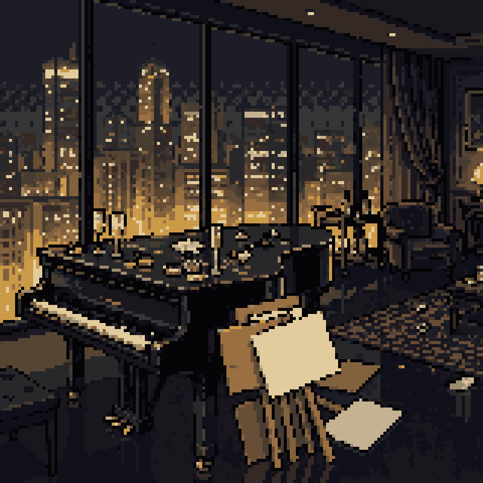 Pixel art: champagne on a grand piano in a penthouse, blank protest placards leaning against it
