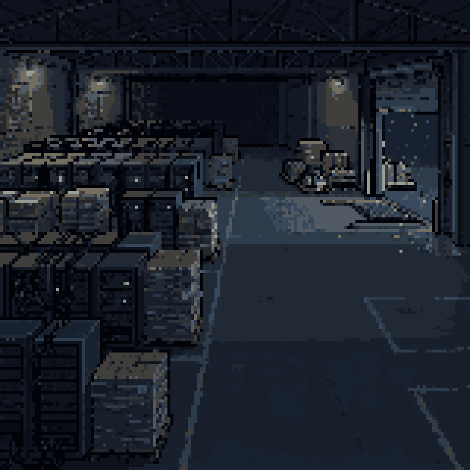 Pixel art: a dark warehouse half filled with server racks and crates, the loading dock open to the rain