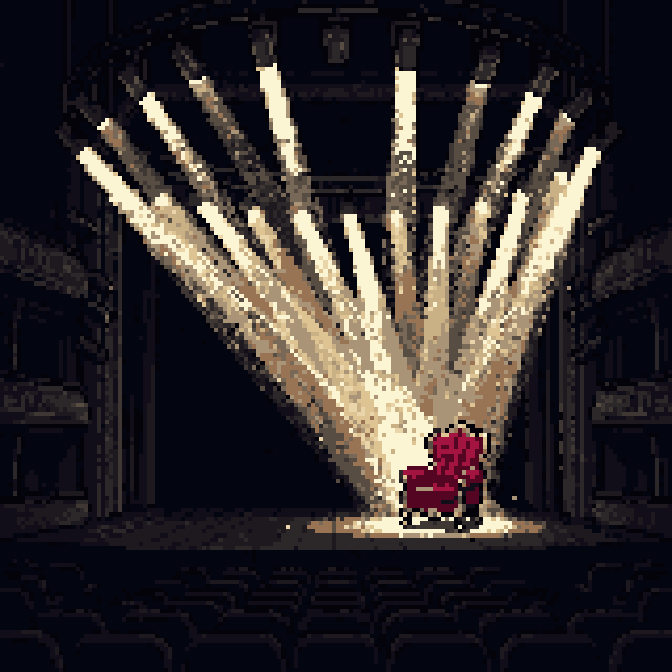 Pixel art: one velvet chair on an empty stage under a ring of spotlights