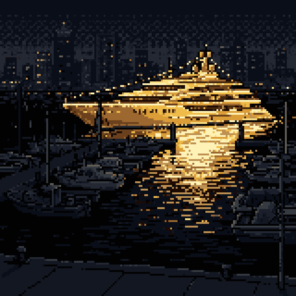Pixel art: a superyacht lit gold among small dark boats in a harbour at night