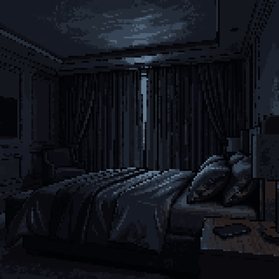 Pixel art: a dark penthouse bedroom, the bed made in silk sheets, curtains shut, a phone face-down on the nightstand