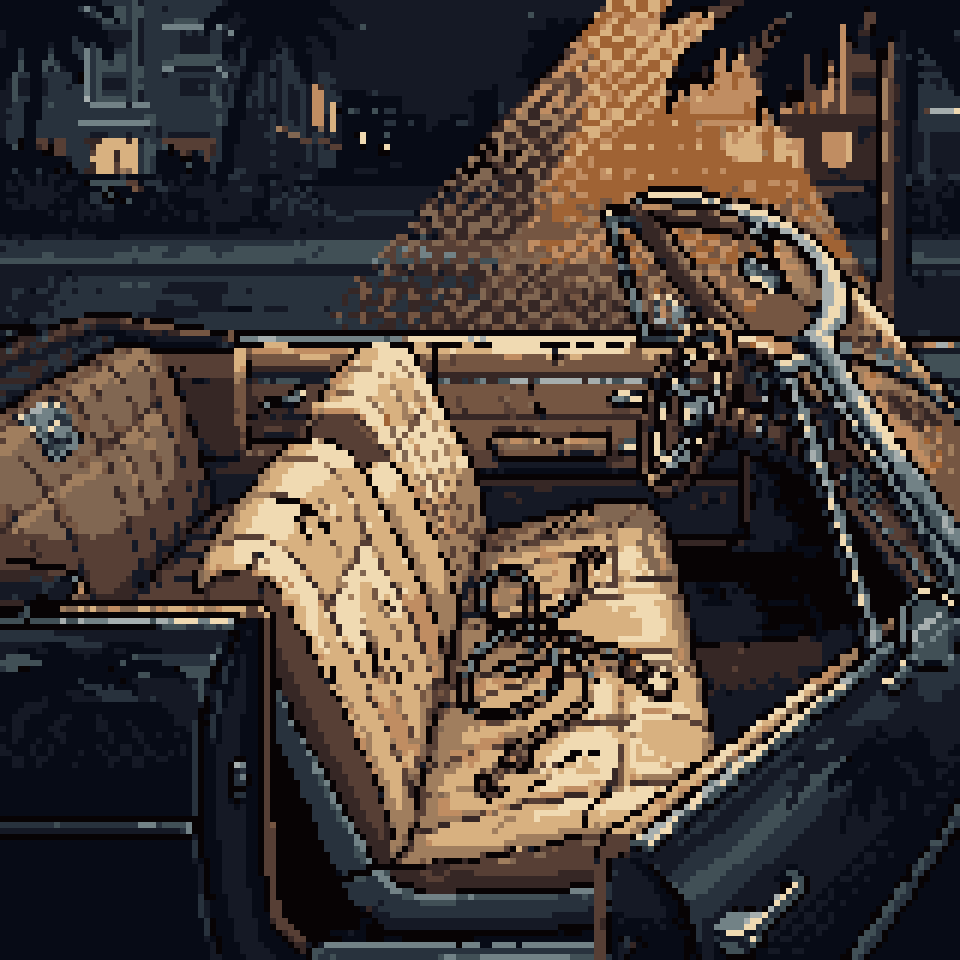 Pixel art: the sun-cracked tan leather seats of a vintage convertible at night, a slack cord tangled on the seat