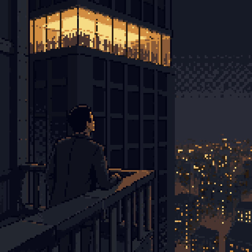 Pixel art: a man on a balcony looking up at a party glowing on the floor above