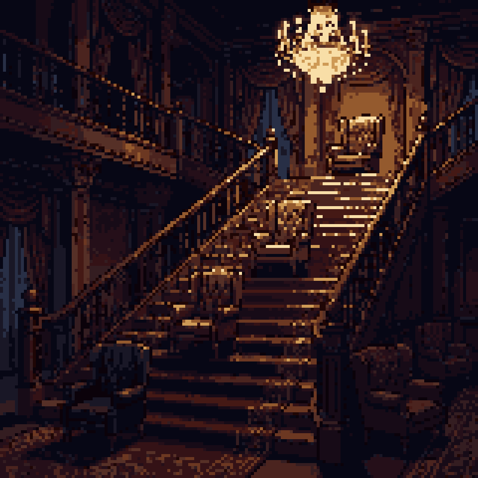 Pixel art: empty armchairs on a grand staircase, each step lit brighter toward a chandelier