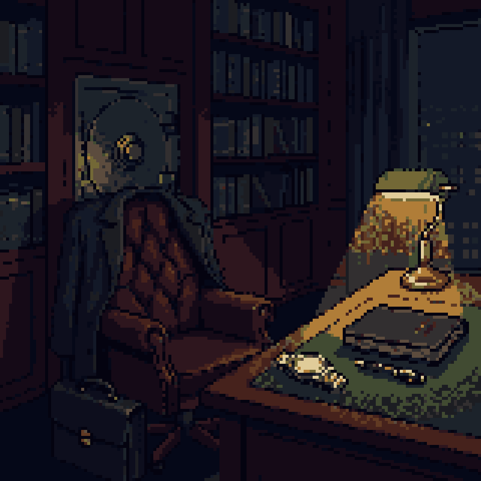 Pixel art: a quiet old-money study at night with a plain coat, a steel watch and a wall safe