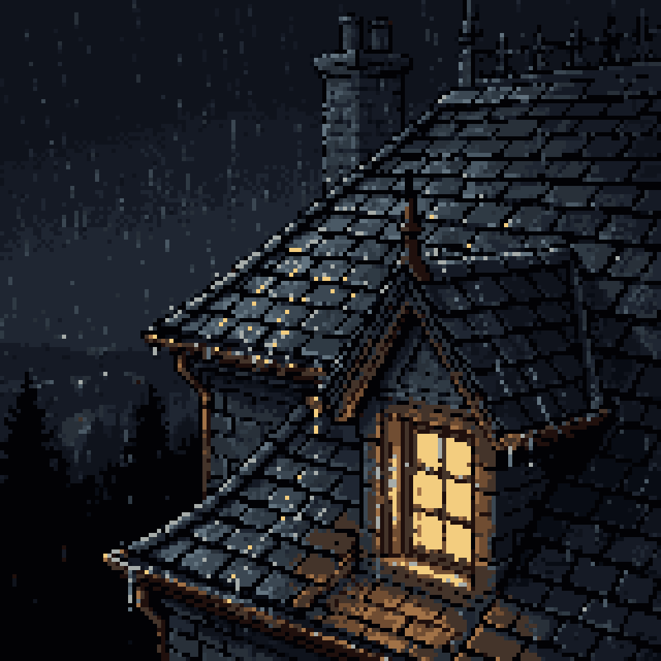 Pixel art: rain running off the slate roof tiles of a mansion at night, one lit dormer window