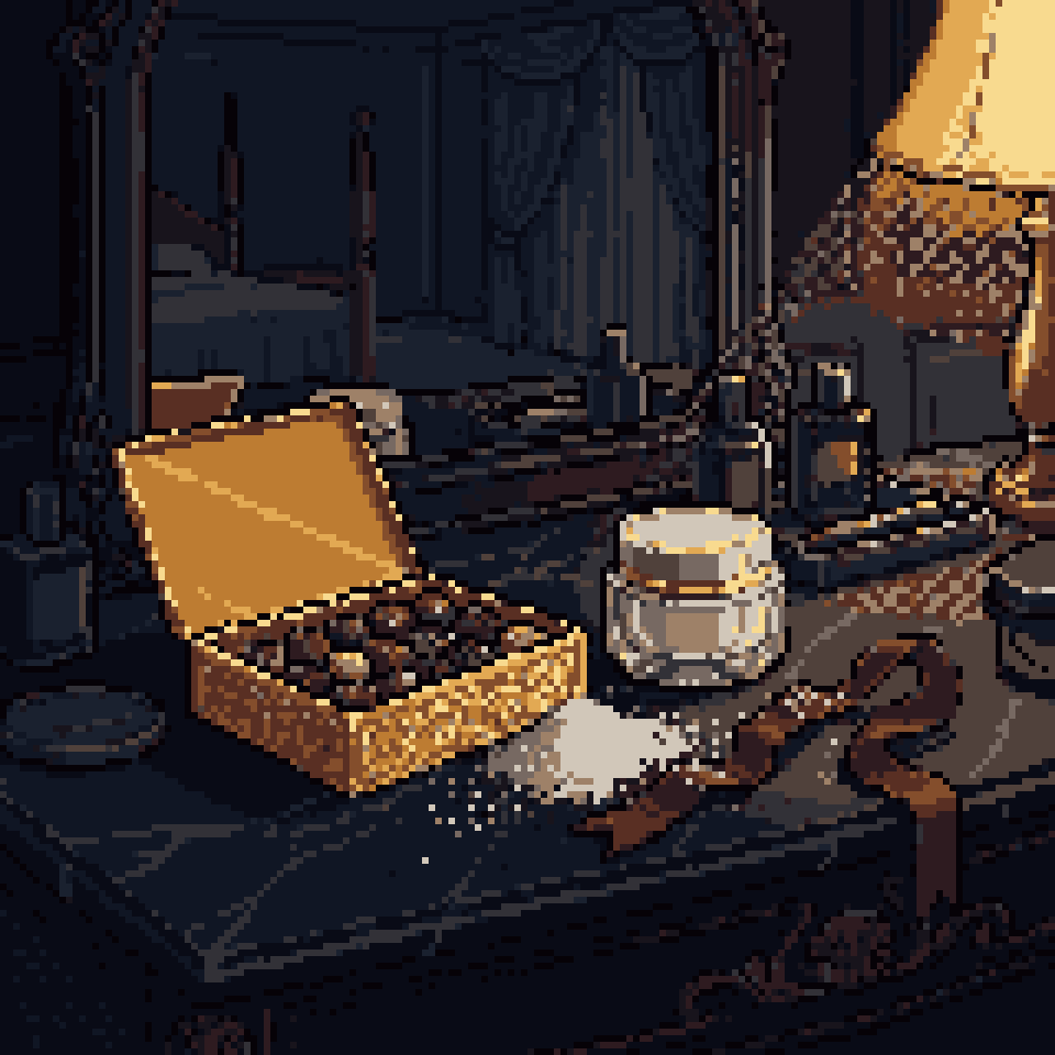 Pixel art: an open box of chocolates, spilled sugar and a crinkled ribbon on a dark vanity