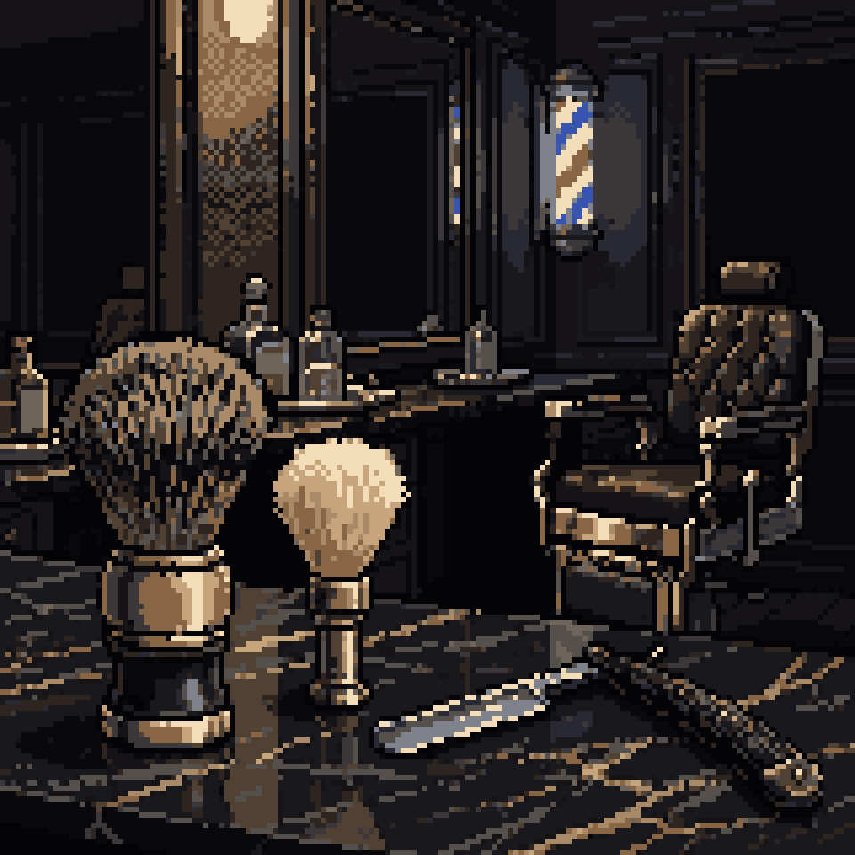 Pixel art: a dense dark shaving brush beside a fine pale one and a straight razor in an empty barbershop at night
