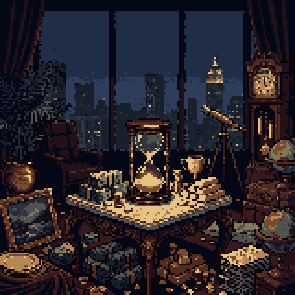 Pixel art: an hourglass almost run out on a table piled with gold and cash in a dark penthouse