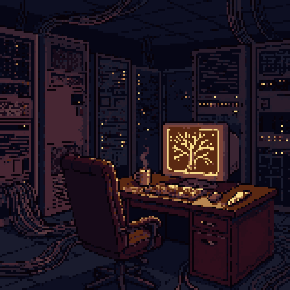 Pixel art: a dark server room at night, one screen glowing with a branching tree of light