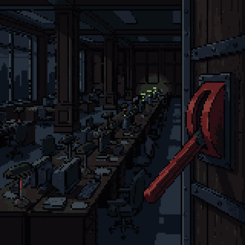 Pixel art: a red master lever pulled down in a dark bank office, the desk lamps going out row by row