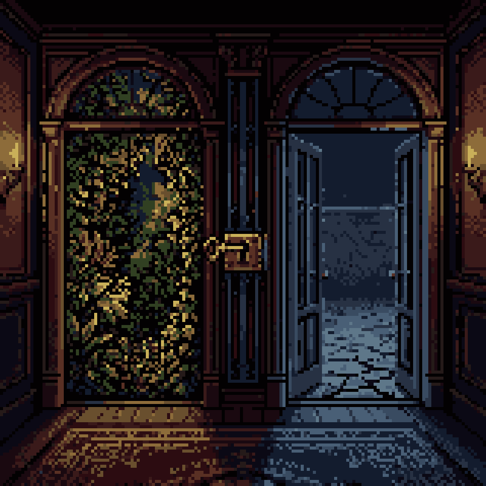 Pixel art: a gold key in a lock between two doors, one onto an overgrown garden, the other onto a cracked, bare courtyard