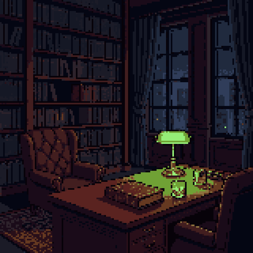 Pixel art: a borrowed leather book and two whiskey glasses under a green lamp in a private library