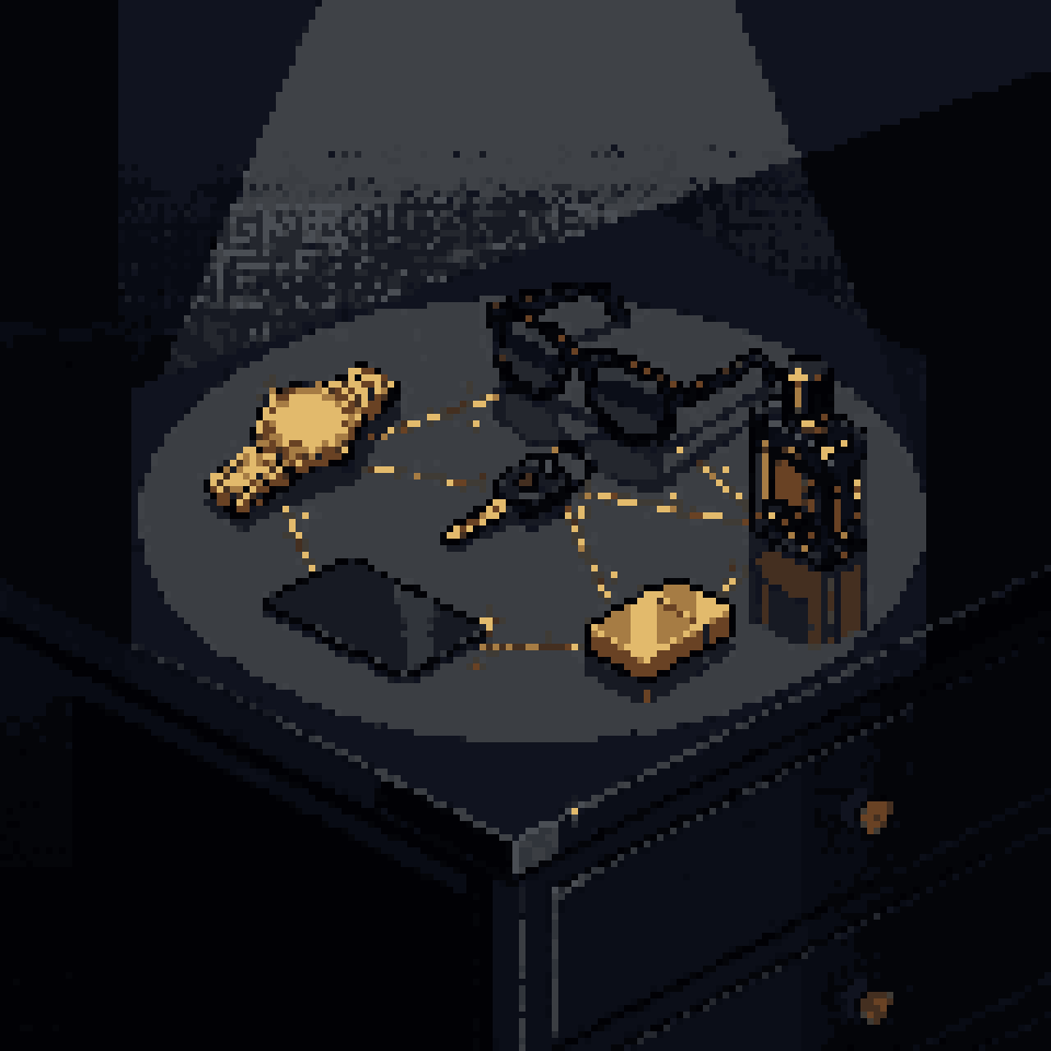 Pixel art: sunglasses, a watch, a key, a lighter and cologne joined by lines of light on a dark dresser