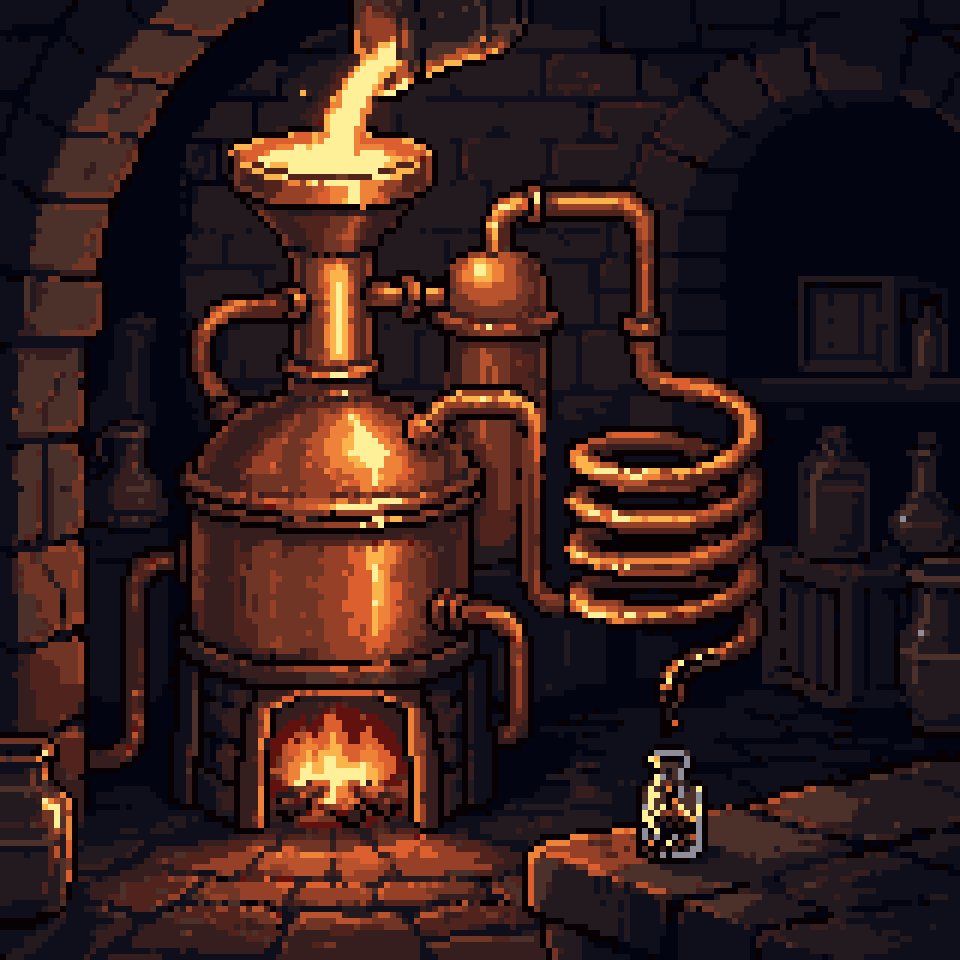 Pixel art: a copper still in a stone cellar at night, molten gold going in and a dark drop coming out into a vial