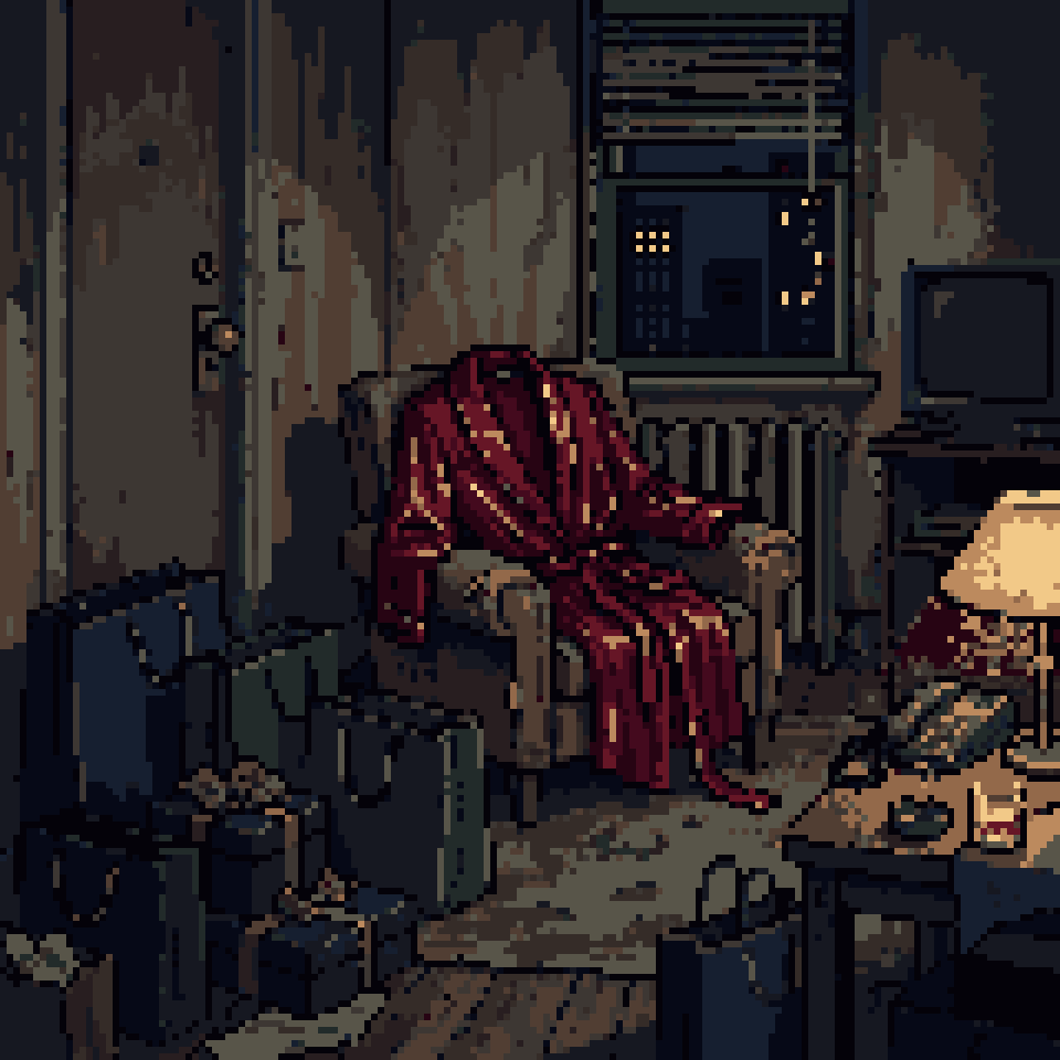 Pixel art: a red silk robe on a worn armchair in a shabby apartment, shopping bags piling up by the door