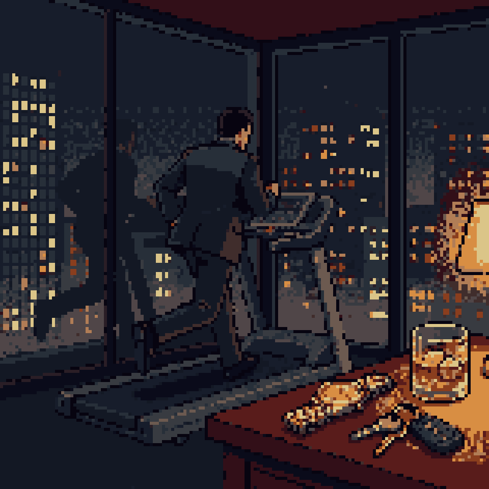 Pixel art: a man in a suit running on a treadmill in a dark penthouse at night, a gold watch and car keys on the table