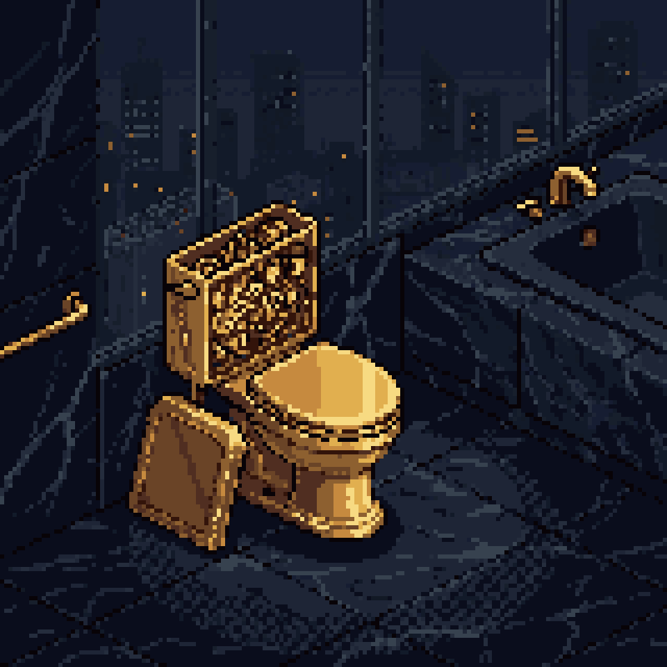 Pixel art: a gold toilet with its tank lid off, showing a tangle of brass gears inside