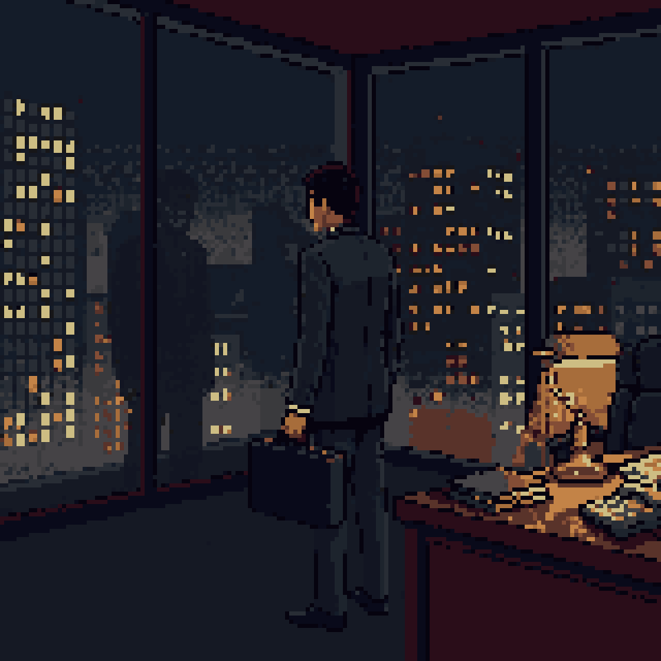 Pixel art: a man with a briefcase at the window of a dark office above the city