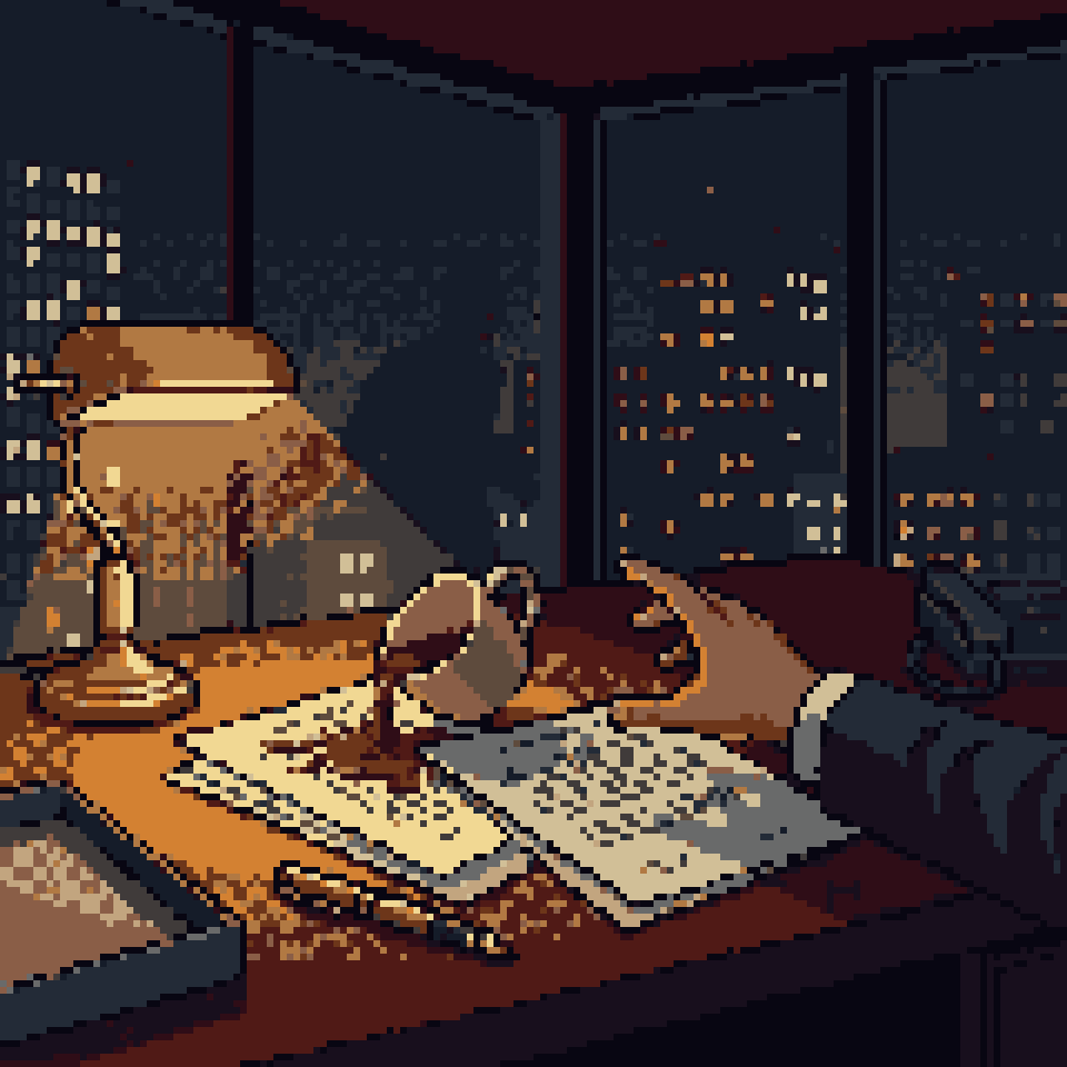 Pixel art: a cup of coffee spilling across contracts on an executive desk at night