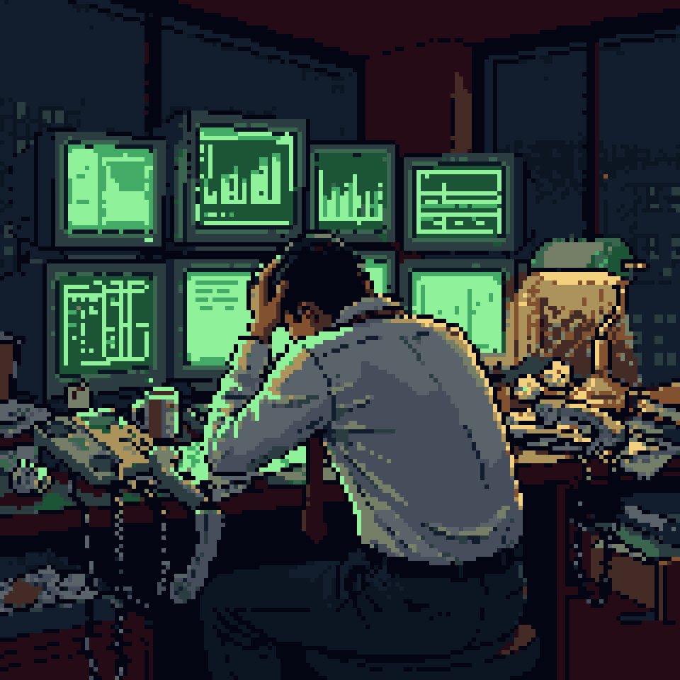 Pixel art: a trader with his head in his hands in front of a wall of green screens at midnight