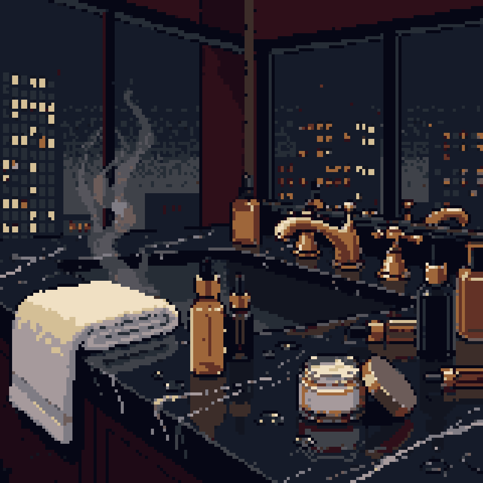 Pixel art: skincare bottles and a steaming towel on a black marble counter at night