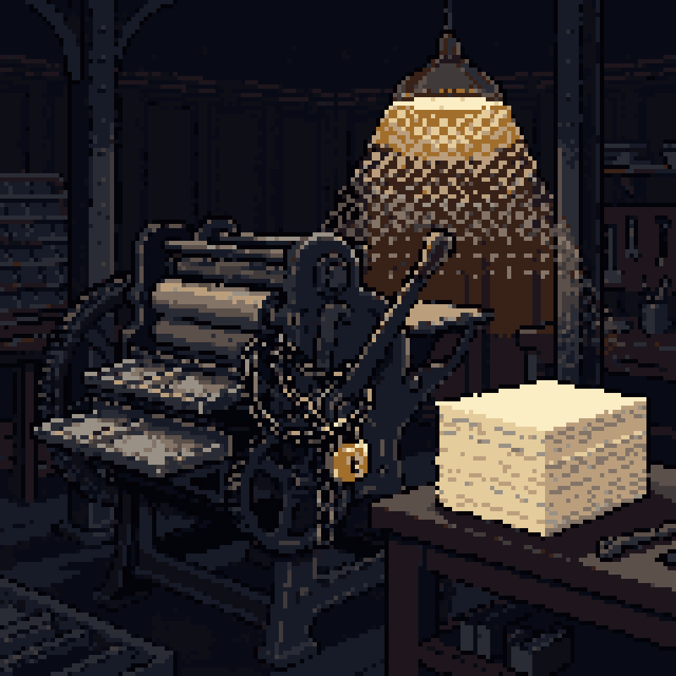 Pixel art: an old printing press chained shut with a brass padlock, a stack of blank paper beside it