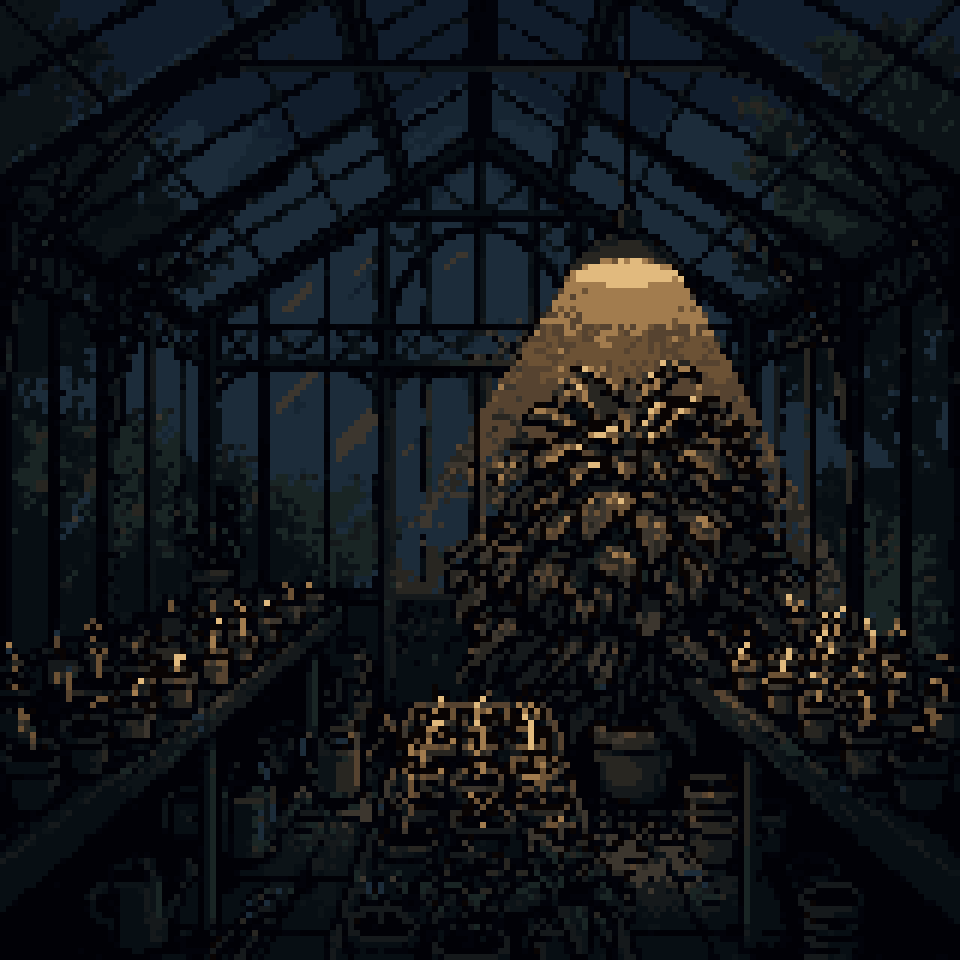 Pixel art: rows of tiny seedlings in a dark greenhouse at night, one under a grow lamp grown into a thick, full plant
