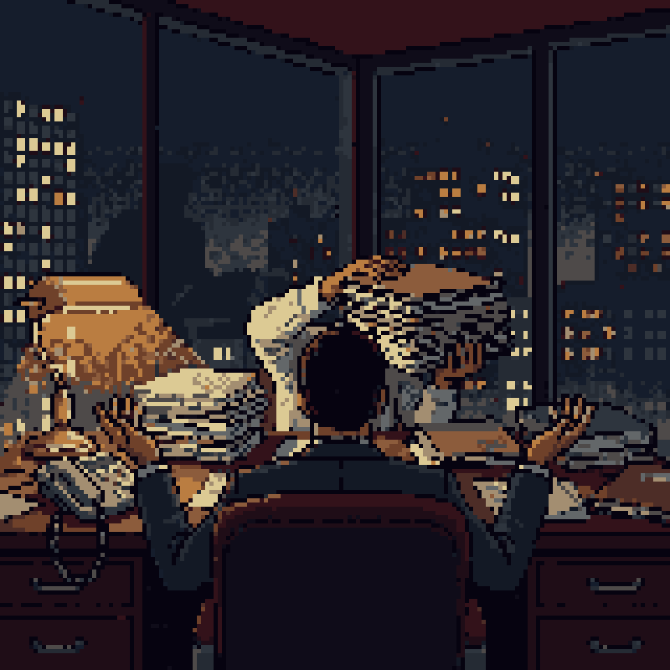Pixel art: a man shrugging at his desk while a coworker carries off the pile of folders