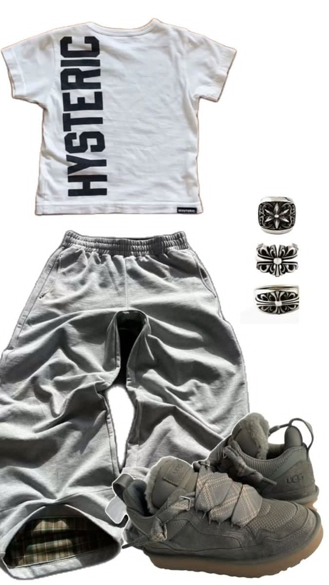 Outfit flatlay: Hysteric Glamour tee, grey sweat shorts, UGG sneakers, Chrome He