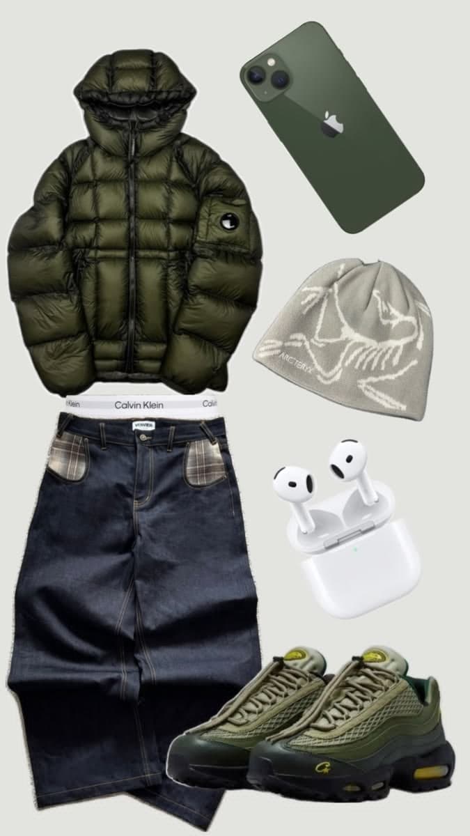 Streetwear outfit flatlay (puffer jacket, baggy jeans, Air Max, beanie, iPhone, 