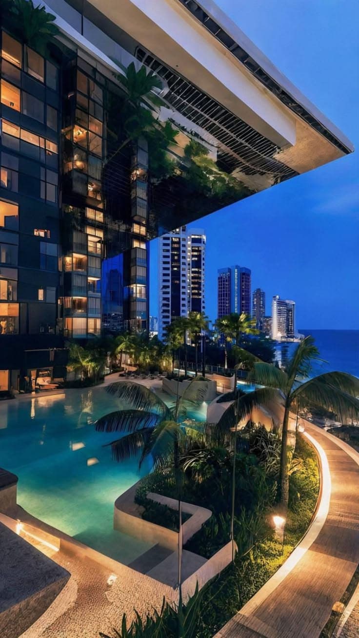 an outdoor swimming pool surrounded by palm trees and tall buildings at dusk with the ocea