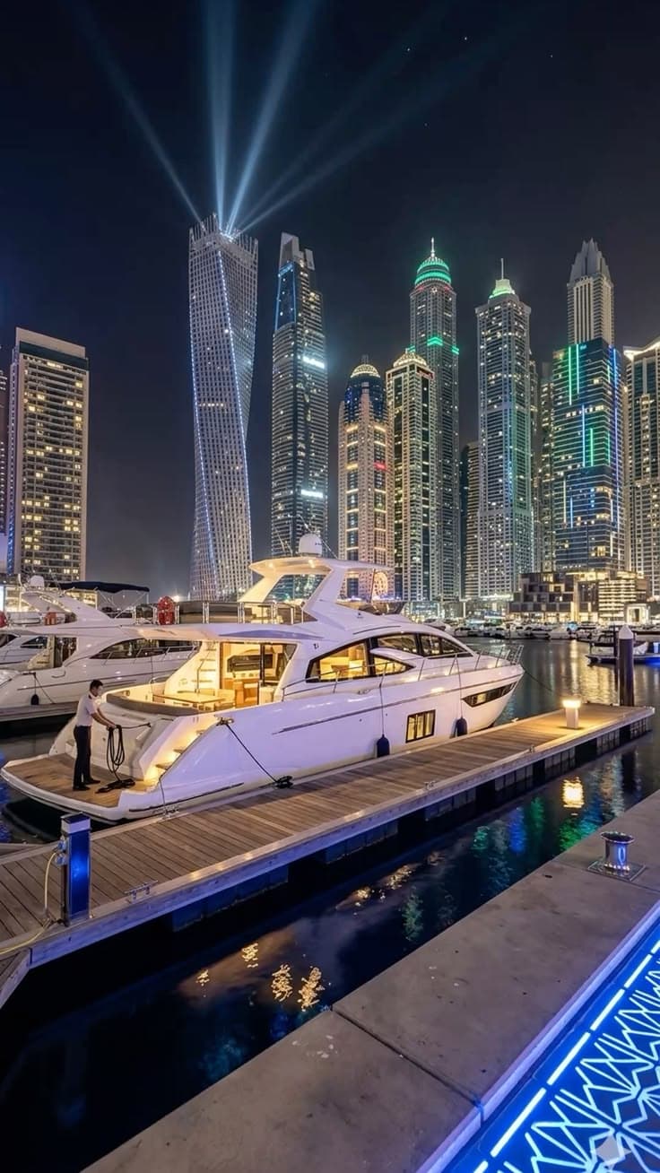 several boats are docked in the water near some tall buildings at night with bright lights