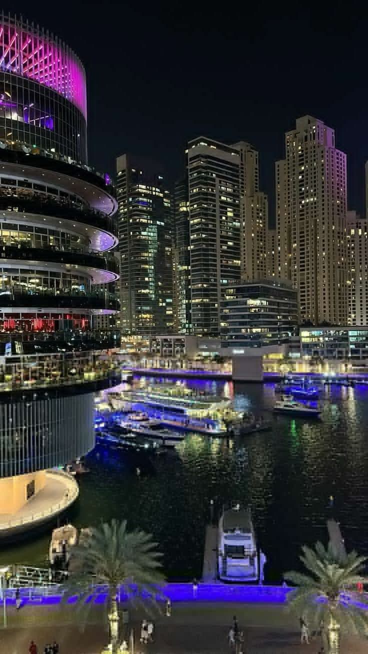 the city skyline is lit up at night with boats in the water and people walking around