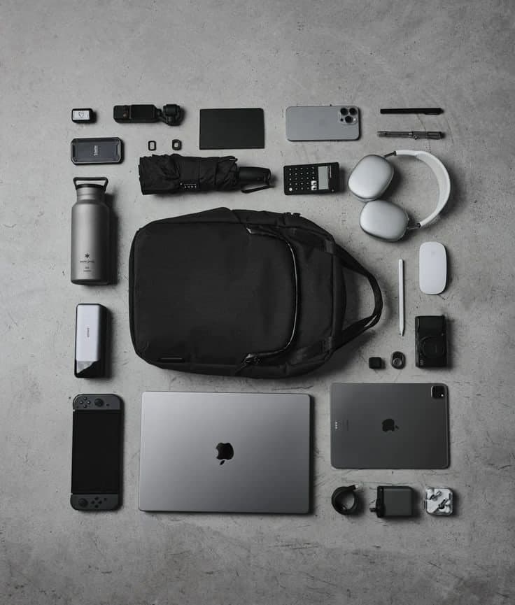 tech gadgets flatlay