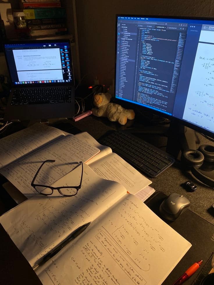 Dual-monitor desk with code and study notes