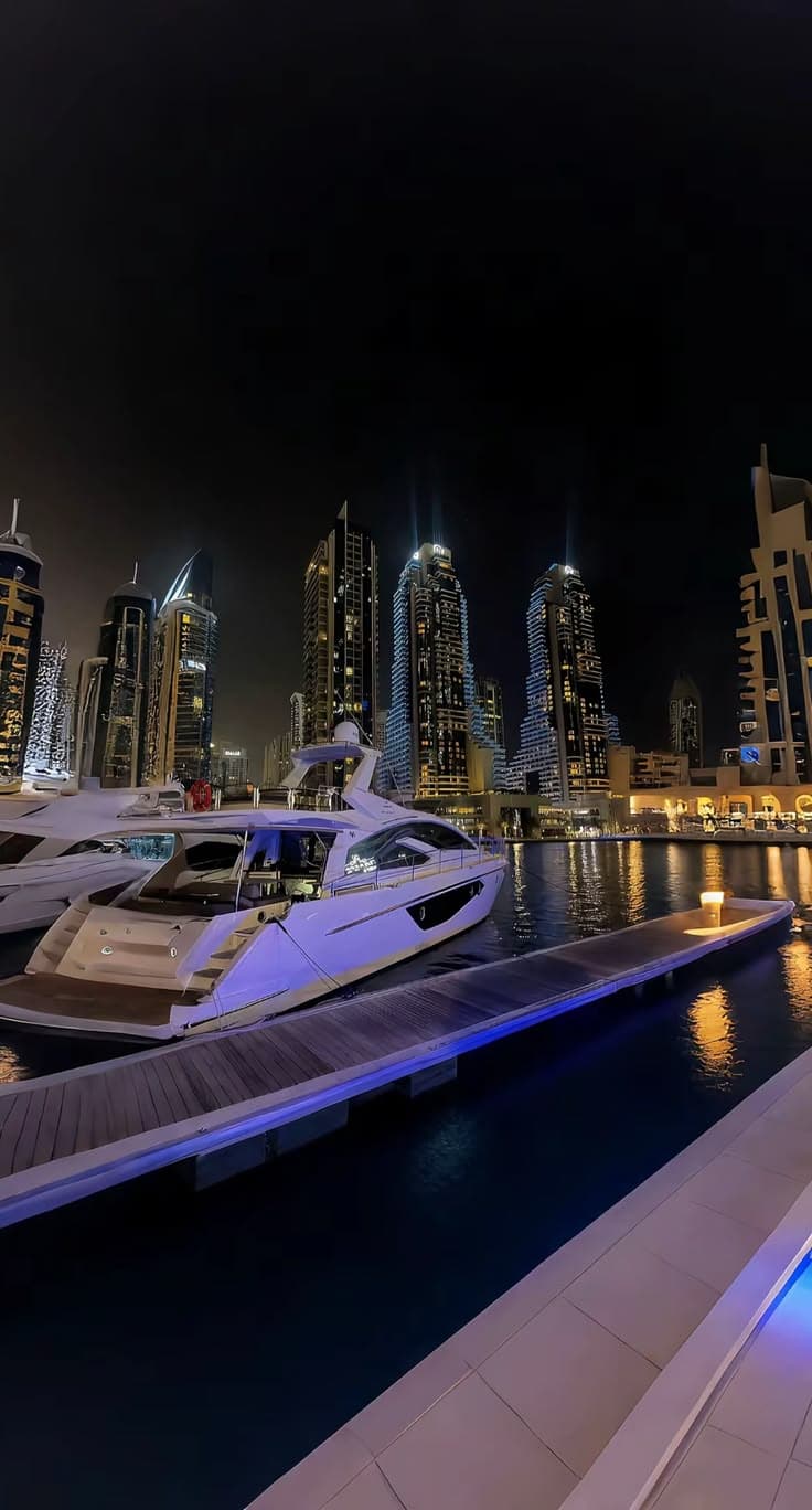 a boat is parked in the water next to a cityscape at night time