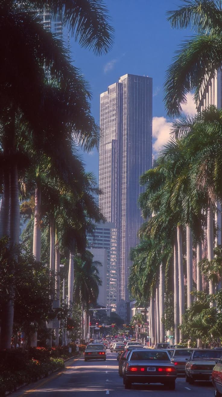 cars are driving down the street in front of tall buildings and palm trees on both sides