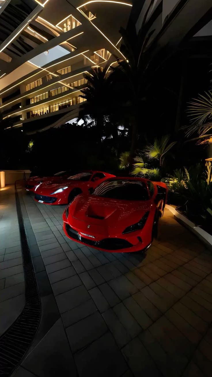 three red sports cars are parked in front of a building at night with lights on