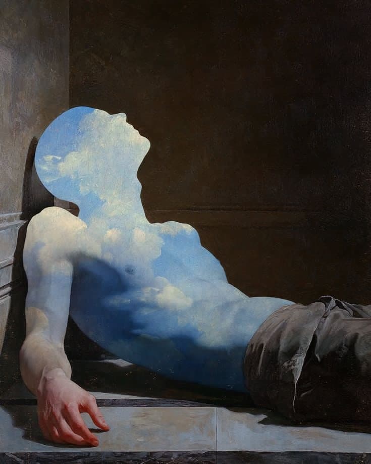 contemplative blue figure