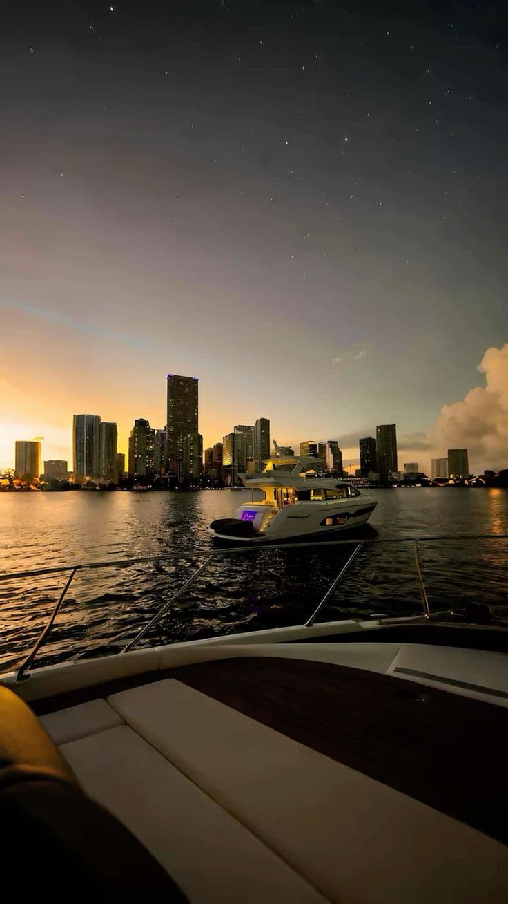 boats in the water at night with city lights and stars above them, as seen from a boat