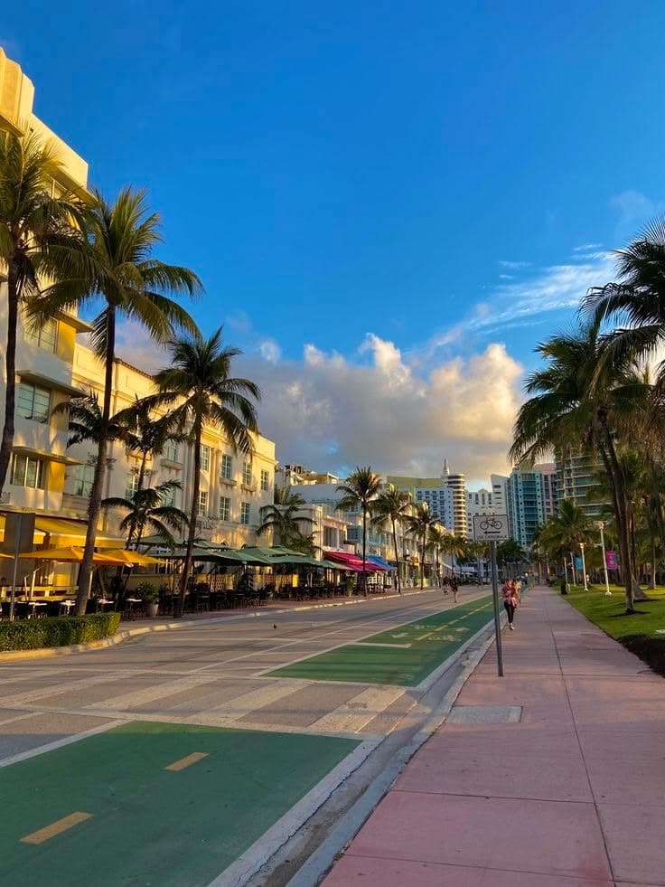 a city street lined with palm trees and tall buildings on both sides of the road