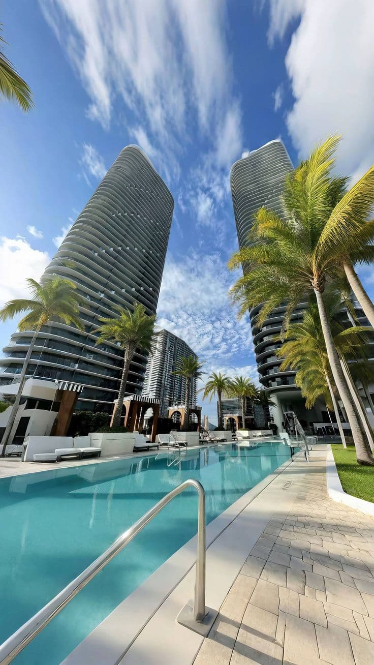 an outdoor swimming pool with palm trees and tall buildings in the backgrouds