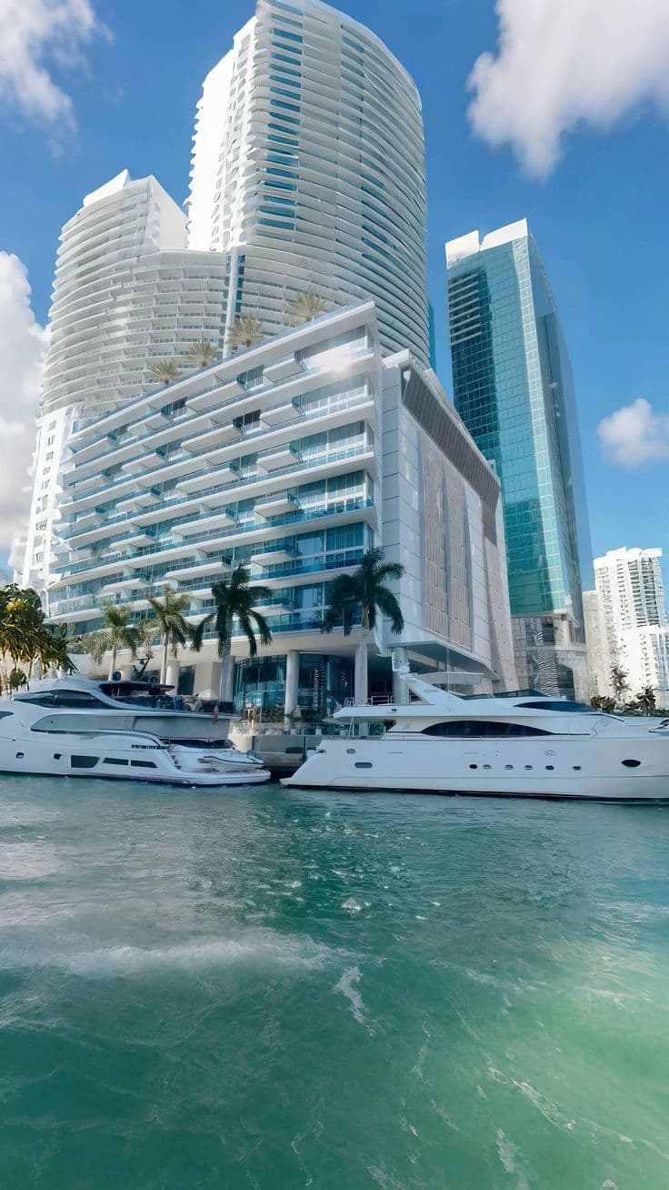 two yachts are docked in front of a high rise building with palm trees on the other side