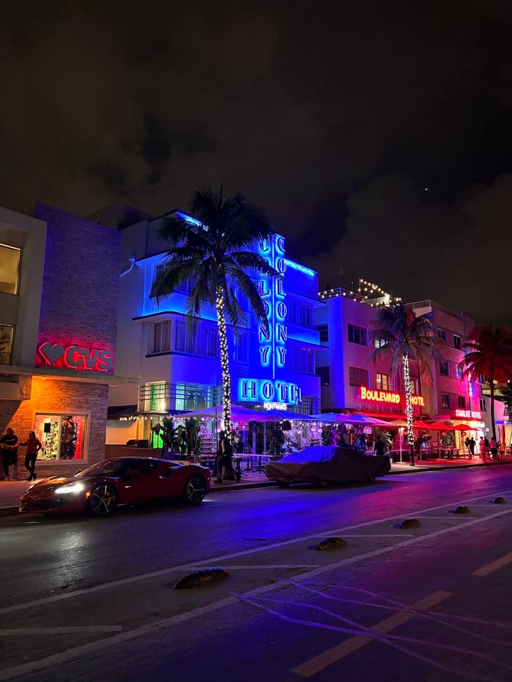a city street at night with cars parked on the side and palm trees lit up