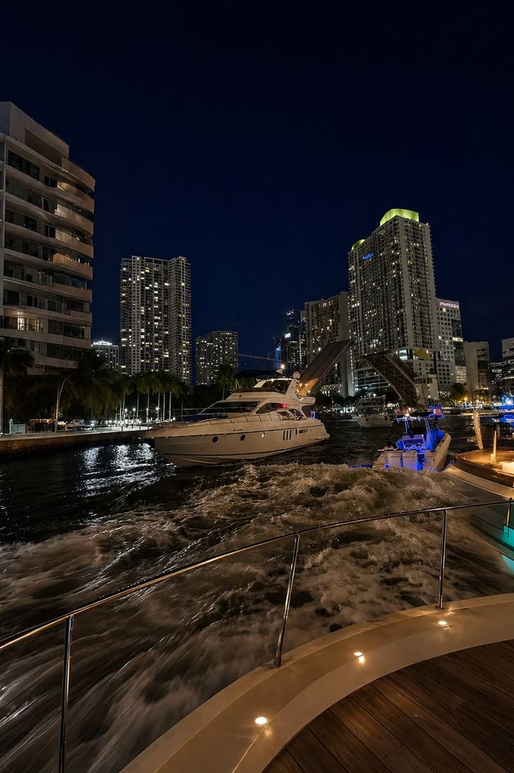 a boat traveling down a river next to tall buildings in the city at night time