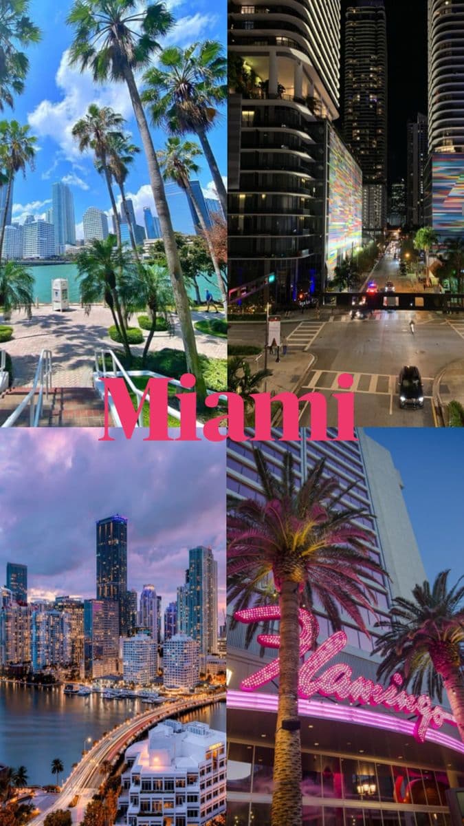 four different pictures with the words miami in pink and blue, along with palm trees