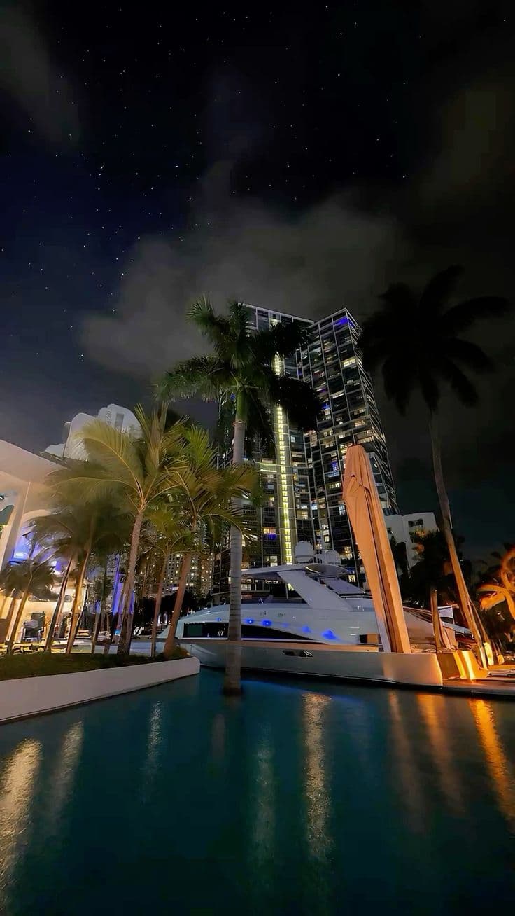 the night sky is lit up with stars and palm trees in front of a large building