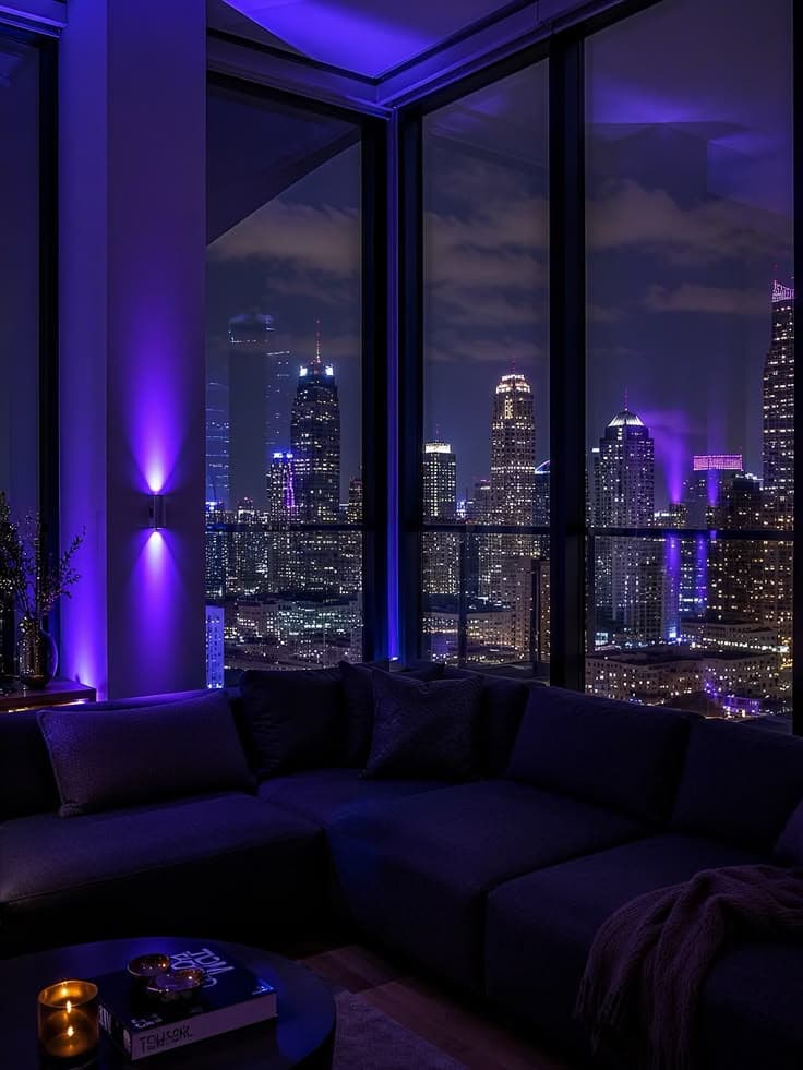 a living room filled with furniture next to tall buildings at night in front of large wind
